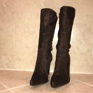 Chocolate brown distressed hair-calf heeled boot